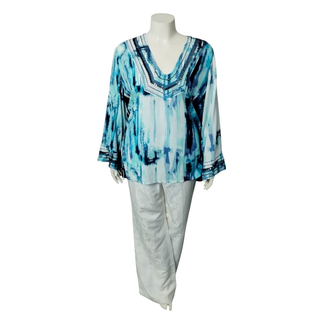 Soft Surroundings Womens Bohemian Beach Resortwear Beaded Seaglass Tides Top 1X‎